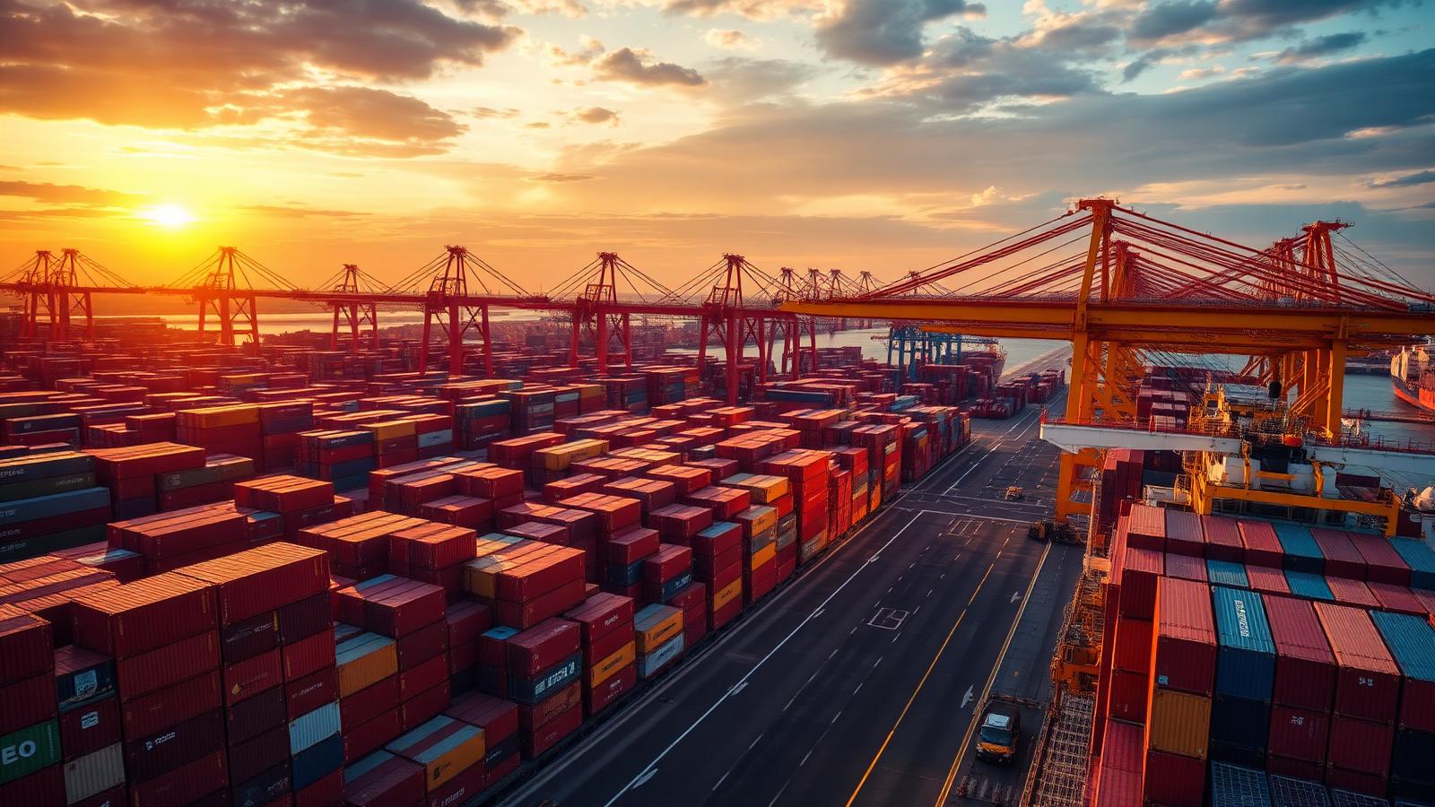 Global export shipping port at sunset